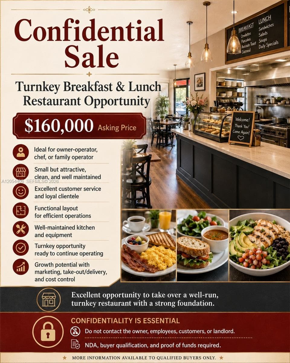 Confidential Turnkey Breakfast & Lunch Restaurant, Miami FL 33165